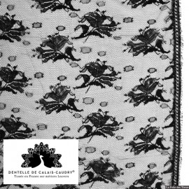 Tissu Dentelle de calais noir motif roses x10cm