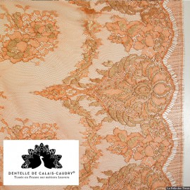 Tissu Dentelle de calais orange lamé argent x10cm