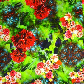  Tissu Satin de soie imprimé bucolique fond vert x10cm 