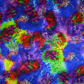  Tissu Satin de soie imprimé abstrait vert, violet et bleu x10cm 
