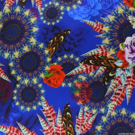  Tissu Satin de soie imprimé bucolique plume fond bleu x10cm 