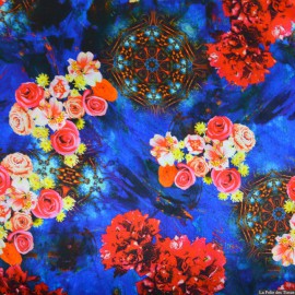  Tissu Satin de soie imprimé bucolique aquatique bleu x10cm 