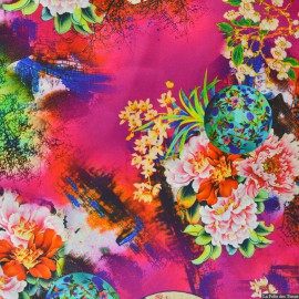  Tissu Satin de soie imprimé bucolique soleil levant rose x10cm 