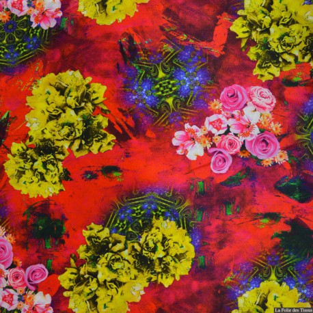  Tissu Satin de soie imprimé bucolique fleurs jaunes x10cm 